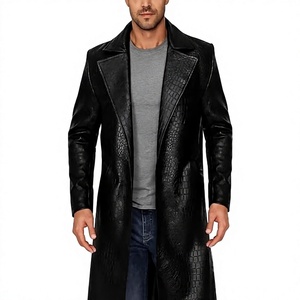<b>Men</b> Genuine Leather <b>Long</b> Trench <b>Coat</b> Double Breasted Notched Lapel Overcoat With Pockets Regular Fit - Product Image 2