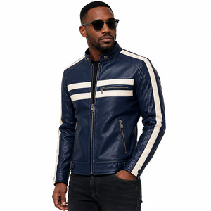 Veste de motard en cuir véritable bleu marine pour homme avec logo personnalisé, bandes de course blanches, style rétro, coupe ajustée - Product Image 3