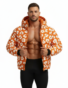 Chaqueta Acolchada con Capucha y Estampado de Leopardo Naranja Personalizada, Abrigo de Invierno Cálido, Moda Urbana, Proveedor Mayorista, OEM, ODM - Product Image 1