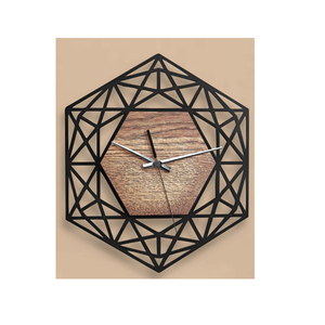 Wood Face Hanging Black Metal Lattice Frame Sleek Metallic Hands Modern Artistic Design Silent Mechanical Movement <b>Battery</b> - Product Image 1