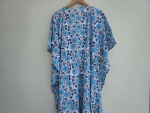Vestido Kaftan Azul Cielo con Estampado de Bloques para Mujer, Cuello en V, Estilo Boho, Algodón, Cómodo, Holgado, Vestido Largo de Verano - Product Image 2