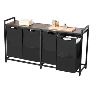 Organisateur de Linge Autoportant à 4 Compartiments avec Grande Structure Métallique et Plateau en Bois – Paniers de Rangement pour un Tri Efficace du Linge - Product Image 1