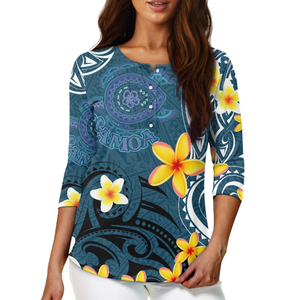 Chemises décontractées d'été boutonnées pour femmes en gros, T-shirts personnalisés à imprimé vintage polynésien, chemises à manches sept-quarts par sublimation - Product Image 1