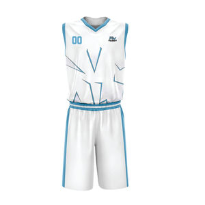 Uniforme de basket-ball personnalisé blanc et bleu, imprimé par transfert thermique, géométrique, sans manches, col en V, séchage rapide, confortable, en polyester, pour adulte - Product Image 5