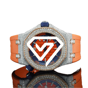 Montre automatique de sport de luxe en argent sterling 925 avec bracelet en caoutchouc orange de 41 mm et pavé complet de moissanite - Product Image 5
