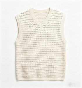 Gilet pull décontracté pour homme en laine/acrylique, uni, anti-plis, col en V, sans manches, tricoté à la machine, maille 12GG, 160g - Product Image 2