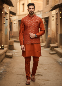 Ensemble kurta et pantalon en soie romaine de créateur pour homme, avec koti brodé de sequins, prêt-à-porter, infroissable, pour occasions festives - Product Image 5
