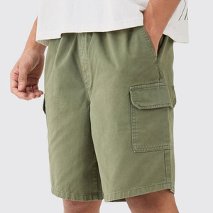 Pantalones Cortos Cargo Verde Oliva para Hombre, Cintura Media, Banda Elástica, Estilo Bermuda Informal con Bolsillos, Tela de Lona 100% Algodón - Product Image 1