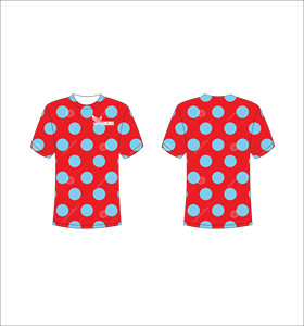 Camiseta Sublimada Personalizada con Estampado Completo, Diseño de Lunares Rojos y Azules, Unisex, Cuello Redondo, Transpirable, de Poliéster, Tela Resistente - Product Image 1