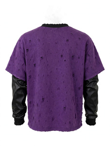 Wholesale Custom Deep Purple Distressed Rhinestone Graphic Cross Double Layer Sleeve Streetwear Leather Sleeves Heavyweight - Product Image 5