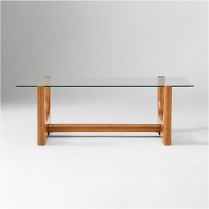 Mesa de Centro Moderna de Mediados de Siglo con Base de Madera Entrelazada y Cubierta de Vidrio Transparente para Hogar u Hotel - Product Image 5