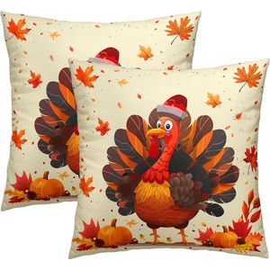 Juego de Fundas de Almohada Decorativas de 18x18 con Diseño de Pavo de Acción de Gracias y Hojas de Arce Otoñales Naranjas, Almohadas Decorativas de Calabaza - Product Image 1