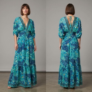 <b>Boho</b> Maxi <b>Dress</b> <b>Women</b> V Neck Puff Sleeve Elastic Waist Backless Ruffle Tiered Floral Summer <b>Dress</b> - Product Image 2