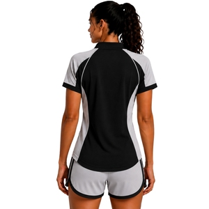Black Grey Womens Half <b>Zip</b> Sports T Shirt And <b>Shorts</b> Set Quick Dry <b>Short</b> Sleeve Activewear Gym Fitness Running Training Outfit - Product Image 2