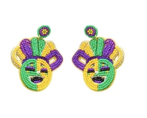 Lightweight and Comfortable for Long Wear Mardi Gras <b>Face</b> Beaded Earrings Yellow Carnival Mask Statement Drop Earrings Women - Product Image 5