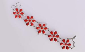Vintage 925 Sterling Silver <b>Red</b> Coral Stone Flower <b>Bracelet</b> Women's Chain Link Jewelry Everyday Wear Bezel Set <b>Red</b> Stone Design - Product Image 2