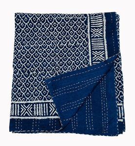 Silkgram Traditional Indigo Cotton Kantha <b>Quilt</b> Blue Floral Hand-Stitched Eco-Friendly All-Season Home Decor <b>Throw</b> Cover - Product Image 2