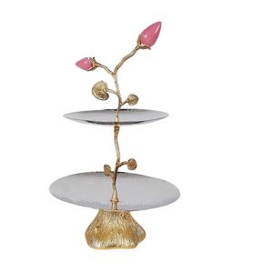 Soporte de Servicio de Aluminio de 2 Niveles al por Mayor con Detalles de Flor de Cerezo y Libélula para Exhibición Decorativa de Postres y Vajilla para el Hogar - Product Image 5