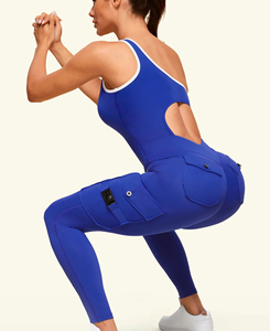 Womens Blue Sleeveless Asymmetrical High Waist <b>Jumpsuit</b> <b>With</b> <b>Pockets</b> Tummy Control Shapewear Utility Style Full Length Yoga Wear - Product Image 3