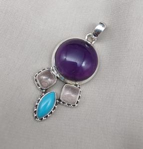 จี้อเมทิสต์ โรสควอตซ์ เทอร์ควอยซ์ เงินแท้ 925 ประดับพลอยสีม่วงและชมพูธรรมชาติ เครื่องประดับหรูหราสำหรับผู้หญิง - Product Image 4