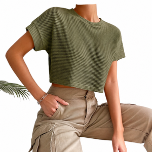 Women's Olive <b>Green</b> Waffle Knit Lace <b>Crop</b> <b>Top</b> Short Sleeve Crew Neck Loose Fit Casual Solid Color Cotton Bamboo Spring Summer - Product Image 5