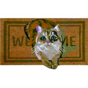 Impression de bienvenue avec chat qui vous regarde Combinaison de couleur marron et de couleur verte Tapis antidérapant au prix de gros - Product Image 1