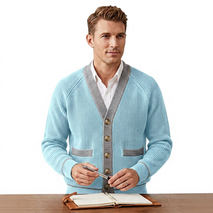 Men's <b>Navy</b> Knitted <b>Cardigan</b> Solid Color Full Sleeve Button Closure Autumn Wear - Product Image 5