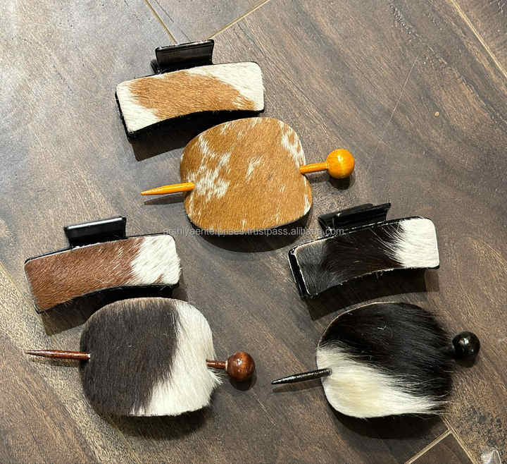 New 2024 Fashion Genuine Leather Hair Claw Western Cowhide Hair Clips & Cowhide Luxury Oval Shaped Hair Stick Women's Sets