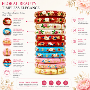 Floral Metal Bangle Bracelet <b>Set</b> with Multi <b>coloured</b> Enamel Finish Fashion Ethnic Stacking Bangles for Women - Product Image 6