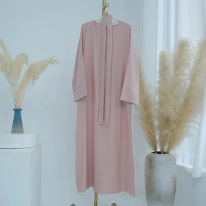 Vestido Abaya Elegante de Lino Transpirable de Talla Grande para Mujer con Cinturón, Cuello Redondo, Manga Larga, Estilo Islámico - Product Image 3