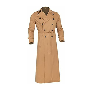Abrigo largo tipo gabardina color caqui para hombre de talla grande, con doble botonadura, cinturón y hombreras. - Product Image 1