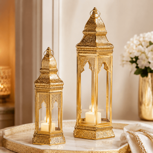 Wholesale Custom Gold Moroccan Ramadan Fanoos <strong>Lantern</strong> Set Metal Glass <strong>Candle</strong> <strong>Holder</strong> for Eid Wedding Decor - Product Image 1