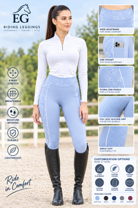 Women's Light Blue Equestrian Riding Pants with White Lace Detail Nylon Spandex Full Length Leggings for Horse Riding - Product Image 2