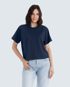 Top Corto de Cuello Redondo para Mujer, Color Azul Marino, Manga Corta, Corte Holgado, Color Sólido, Informal, Primavera Verano, 100% Algodón Jersey - Product Image 1