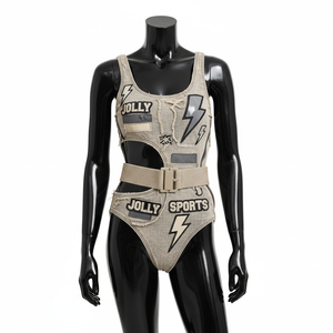 Traje de baño para mujer, 200 GSM, poliéster, spandex, tela elástica, color beige, diseño gráfico, logotipo personalizado. - Product Image 3