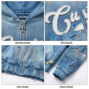 Custom Embroidered Hoodie Mens Massive 450gsm Blue Sunfaded <b>Jumper</b> Paint Splatter Cross Applique Boxy Fit <b>Full</b> <b>Zip</b> up <b>Jumper</b> - Product Image 4