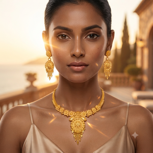 Traditional 18K Gold Plated Brass Floral Short <b>Choker</b> Necklace Set with Matching Drop Earrings for Women | Bridal & Party Wear - Product Image 3