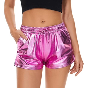 Hot Pink Magenta Metallic Shorts Women Elastic Smocked Drawstring Side Pocket Shiny Rave <b>Dance</b> Festival - Product Image 1