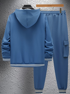 Men's Hooded Sweatshirt Set Blue Solid Color French Terry Casual Two-Piece Jogger Pants With Pockets Autumn Wear Set Winter - Product Image 3