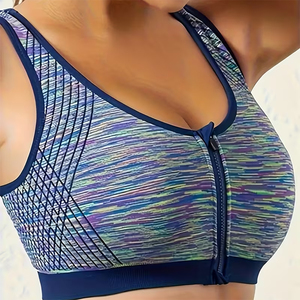 Sujetador deportivo sin costuras con cremallera frontal para mujer, transpirable, de malla, espalda cruzada, ropa de gimnasio, tejido Space Dye, elástico, de compresión, ropa deportiva. - Product Image 4
