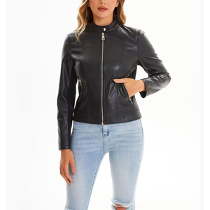 Women PU <b>Leather</b> <b>Jacket</b> Ladies Cropped Biker Coat Wholesale Faux <b>Leather</b> Outerwear OEM Custom Design - Product Image 3