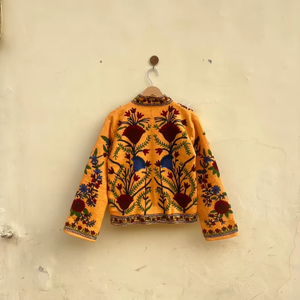 Handmade 100% Cotton Velvet Suzani Kimono Jacket | Autumn/<b>Winter</b> <b>Quilted</b> Breathable Eco-Friendly Boho Design with Embroidery - Product Image 1