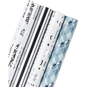 4 Rotoli di Carta da Regalo Natalizia Blu Argento con Motivo a Fiocchi di Neve, 76 cm, con Finitura Metallizzata Lucida - Product Image 1