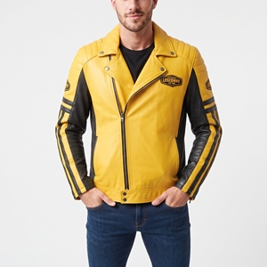 Blouson de moto vintage en cuir véritable pour homme, coupe ajustée, col rabattable, coupe-vent, respirant, logo frontal - Product Image 1