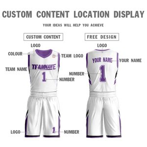 Ensemble de maillots de basket-ball personnalisés blancs et violets, col en V, sans manches, uniforme en polyester sublimé, adulte unisexe, toutes saisons - Product Image 2