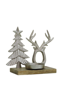 Artesign Porte-bougie moderne en nickel et aluminium, motif sapin de Noël et bois de renne, base en bois, décoration durable, 2x1x2 pouces - Product Image 1