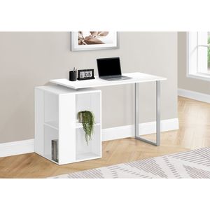 Scrivania per Computer Contemporanea 55'' in Laminato Bianco e Metallo Grigio per Ufficio Domestico con Ripiani di Archiviazione Sinistro e Destro - Product Image 5