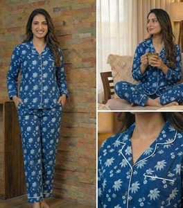 <b>Women</b> Indigo Woven Cotton Winter Night Suit Hand Block Printed Soft <b>Thermal</b> Pajama Set OEM Private Label Manufacturer - Product Image 3