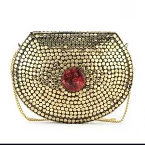 Round Gold Plated Brass Clutch <b>Bag</b> With <b>Studs</b> Flower Design Folk Art Metal Craft Collectible - Product Image 3