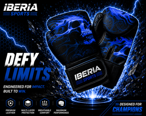 Gants de boxe IBERIA Premium noirs avec imprimé crâne flamme bleue, gants d'entraînement en cuir PU, logo personnalisé, équipement sportif en gros OEM - Product Image 6